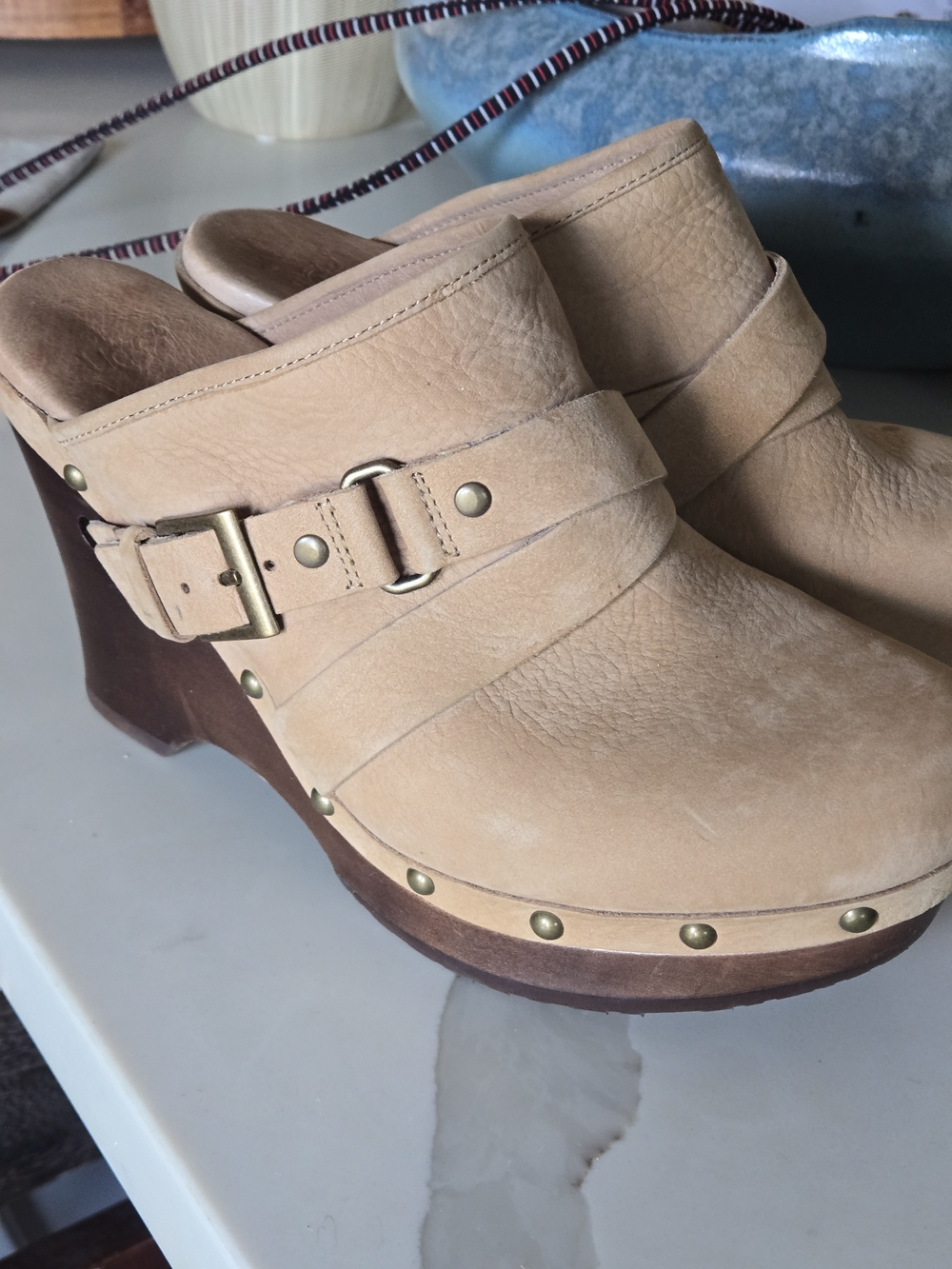 UGG Tan Leather Clog Mules with Stud and Buckle Detail